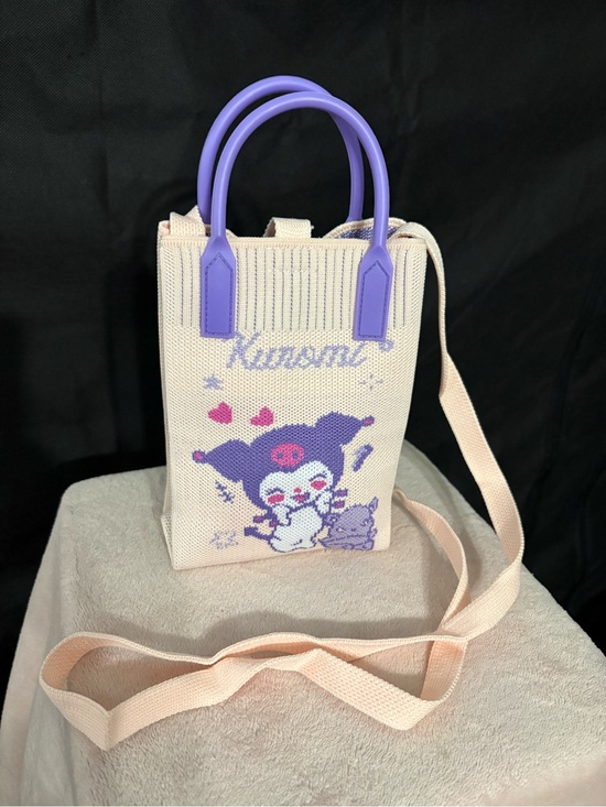 None Handbags - Purple & Cream Knit Mini Crossbody Bag with Kuromi character